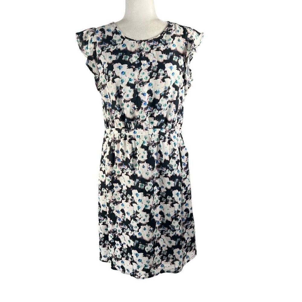 Reiss Sz 8 Black White & Blue Floral Print Dress Medium Multicolor Spring Summer